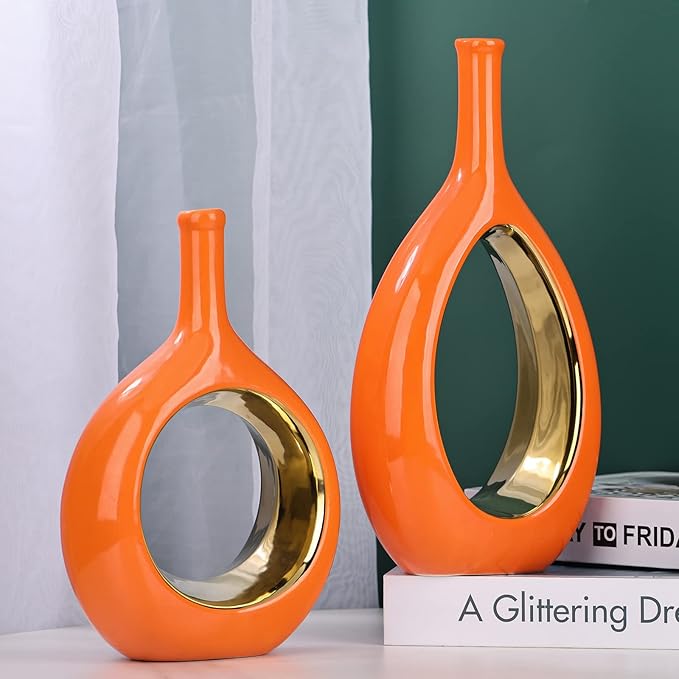 Orange and Gold Vase Ceramic Orange Vases Home Decor,Modern Minimalist Circle with Hole Decorative Vase, Hollow Ellipse Flower vases for Bookshelf, Fireplace Mantle,Centerpieces,Farmhouse,Rustic Décor