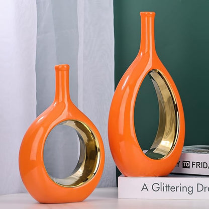 Orange and Gold Vase Ceramic Orange Vases Home Decor,Modern Minimalist Circle with Hole Decorative Vase, Hollow Ellipse Flower vases for Bookshelf, Fireplace Mantle,Centerpieces,Farmhouse,Rustic Décor