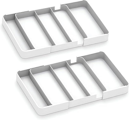 2 Pack Shallow Drawer Organizer (1.57" H), Modular Expandable Desk Dividers (Width 10.6"-17.9" OR Length 16.1"), Detachable Trays for Office Stationery, Makeup, Kitchen, White