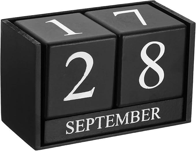 PATIKIL Vintage Wood Block Perpetual Calendar, Reusable Wooden Month Date Display Blocks for Desk Office Home Decoration 6.1", Black