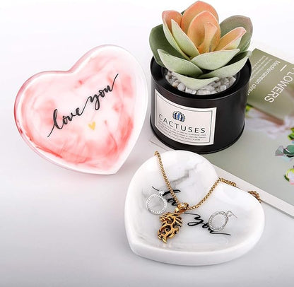 Emibele Jewelry Tray Dish, Heart Shaped Ring Dish Decorative Trinket Plate with Words - Love You Romantic Gifts for Her Mom Daughter Sister Best Friend, White Marble