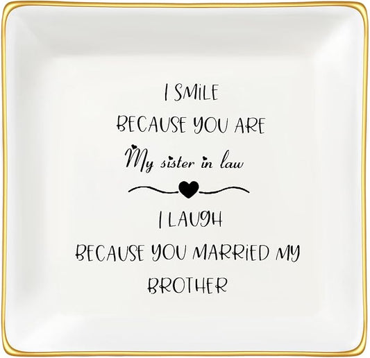 JoycuFF Sister in Law Birthday Gifts from Sister Brother in Law Christmas Mothers Day Gifts for Sister in Law Ceramic Ring Dish Jewelry for Her