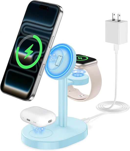2025 3 in 1 Wireless Charging Station for Apple MagSafe Charger, 15W Fast Magnetic Mag-Safe Charger Stand for iPhone 17 16 15 14 13 12 Apple Watch AirPods Series, Gifts for Men (Ice Blue)
