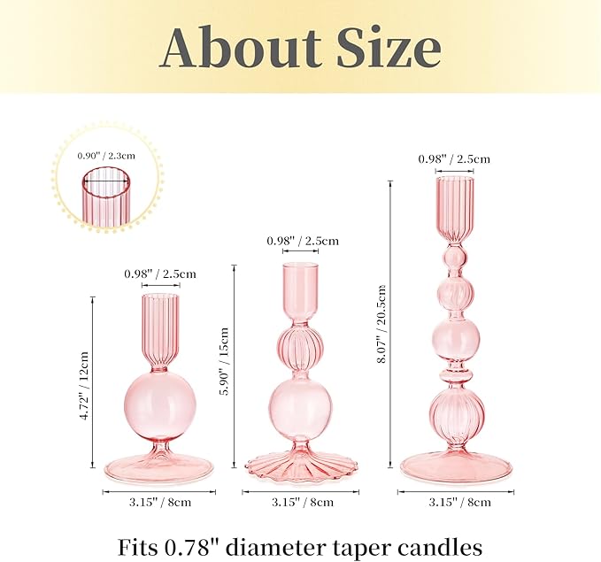 Hewory Glass Candlestick Holders Set: 3PCS Pink Candle Holder Taper Candle Holders Bulk, Crystal Ribbed Candle Sticks Holder Decor for Table Centerpiece Wedding Christmas Thanksgiving Dinner