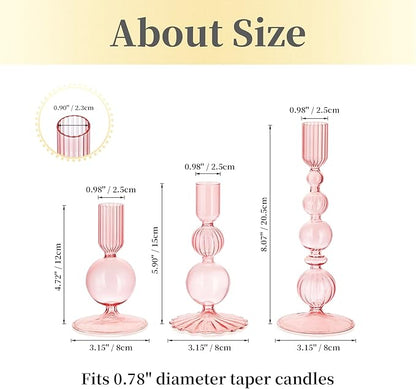 Hewory Glass Candlestick Holders Set: 3PCS Pink Candle Holder Taper Candle Holders Bulk, Crystal Ribbed Candle Sticks Holder Decor for Table Centerpiece Wedding Christmas Thanksgiving Dinner