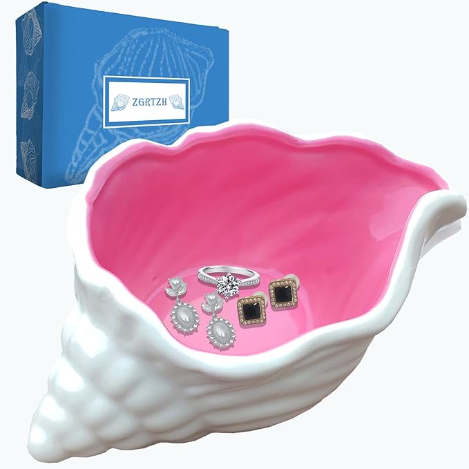 Ceramic Conch Shell Trinket Dish Pink Jewelry Tray Shell Jewelry Dish Earring Ring Dish Holder Ocean Coastal Decor Jewelry Plate Tray for Rings Earrings Necklaces Bracelet Jewelry Watch Keys