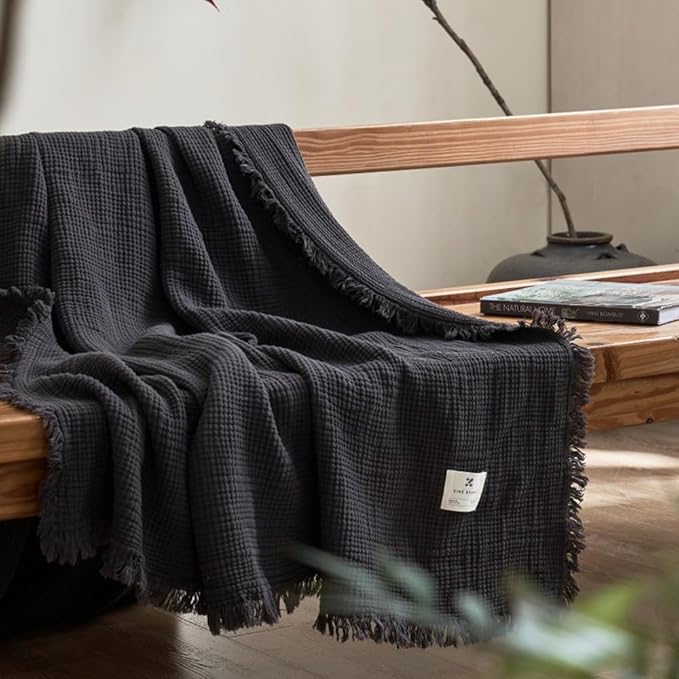 100% Cotton 4-Layer Muslin Blanket with Fringes, 50"x60", Dark Grey Throw Blanket, Ultra-Soft Gauze Blanket, Boho Bedding for All Seasons, Breathable for Couch, Bed(Dark Grey,Throw)