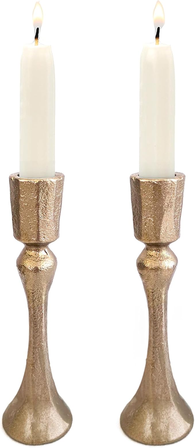 Yair Emanuel Tapered Shabbat Candle Holders Pair – Rustic Sculpted Design in Brass or Silver Finish Judaica Gift for Weddings, Shabbat and Holidays (Ancient Brass, 4.7 Inch)