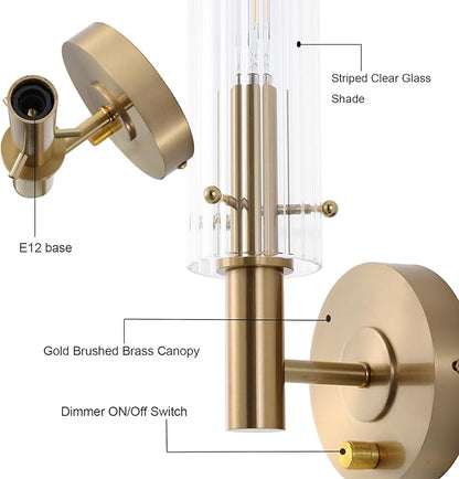 Modern Wall Sconces with Dimmer ON/Off Switch Gold Brushed Brass Bathroom Vanity Light Fixtures Striped Clear Glass Shades Indoor Wall Light for Mirror Living Room Bedroom Hallway Staircase
