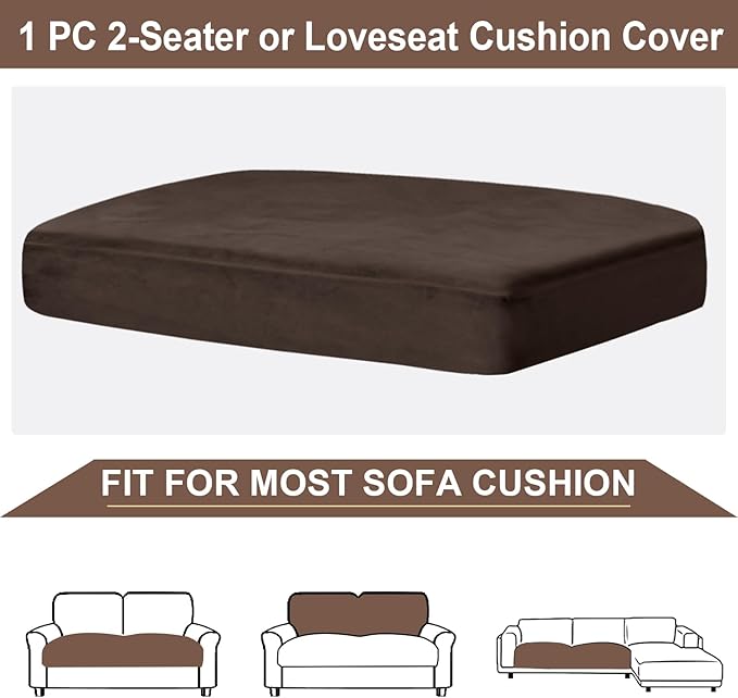 NAISI Couch Cushion Covers 1 Piece Velvet Stretch Loveseat Cover or 2 Seat Sofa Cover Soft Individual Couch Covers for Sectional Sofa(1 PC for 2-Seat Cushion or Loveseat,Brown)