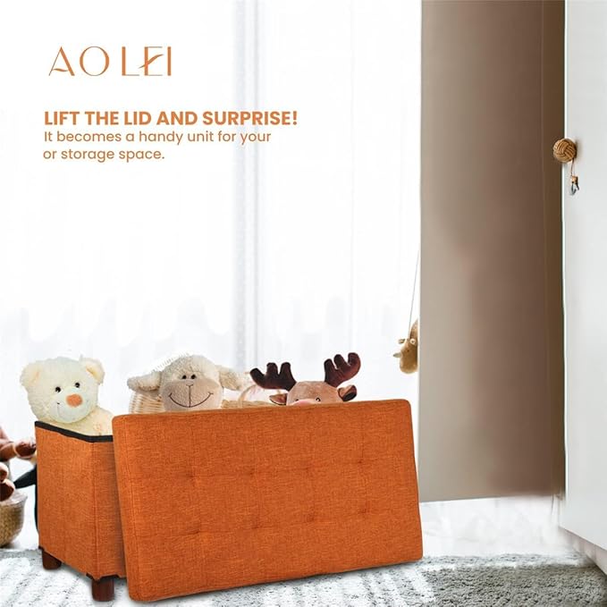 30 Inches Storage Ottoman Bench, Storage Bench with Wooden Legs for Living Room Ottoman Foot Rest Removeable Lid for Bedroom End of Bed, Linen Fabric, Orange