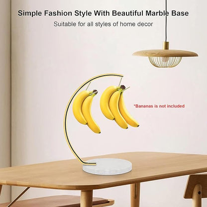 Livabber Banana Holder with Marble Base, Metal Banana Hanger Modern Tree Stand with Hook, Stylish Banana Keeper Fresh Fruit Storage Organizer Freestanding for Kitchen Countertop (Gold, Double Hook)