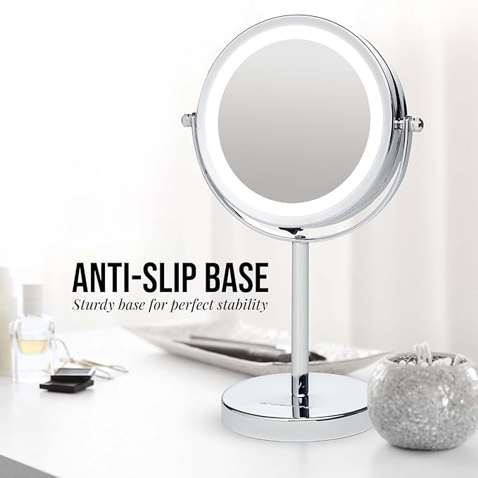 OVENTE 6" Lighted Makeup Mirror with 1X/7X Magnification, Cordless Tabletop Mount Vanity Round Mirror with 360° Swivel Design and Double Sided Cool Tone LED Ring Light, Polished Chrome MLT60CH1X7X