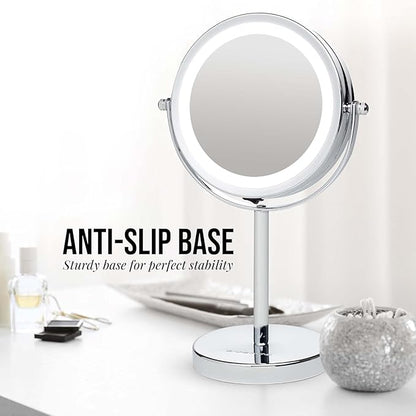 OVENTE 6" Lighted Makeup Mirror with 1X/7X Magnification, Cordless Tabletop Mount Vanity Round Mirror with 360° Swivel Design and Double Sided Cool Tone LED Ring Light, Polished Chrome MLT60CH1X7X