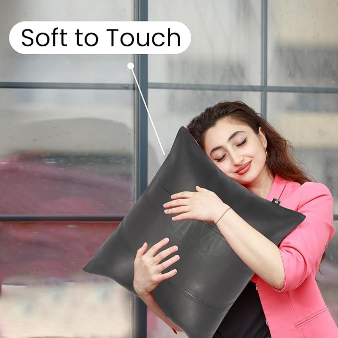 LL LEATHER LOVERS Lambskin Leather Pillow Cover - Sofa Cushion Case - Decorative Throw Covers for Living Room & Bedroom, 16x16 Inches - Black Pack of 1