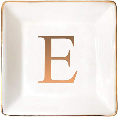ANOTION Jewelry Tray Ring Dish with Ini-tial Gift- Personalized Trinket Dish and Jewelry Dish with Gold Initials Key Bowl Ceramic Holder, Unique Wedding or Engagement Present