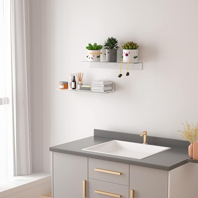 Sezanrpt 24 Inches Clear Floating Shelves for Wall, Acrylic Long Wall Shelf, Wall Mounted Shelves for Plants, Speaker, Radio, Funko Pop, Stuffed Animal, Books, Cosmetics, Toiletries, 2 Pack (24 Inch)