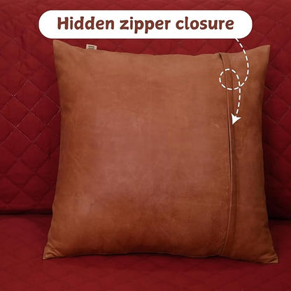 Lambskin Leather Pillow Cover - Sofa Cushion Case - Decorative Throw Covers for Living Room & Bedroom, 20x20 Inches - Orange Crunch Plain Pack of 1