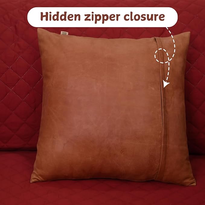 Lambskin Leather Pillow Cover - Sofa Cushion Case - Decorative Throw Covers for Living Room & Bedroom, 16x16 Inches - Orange Crunch Plain Pack of 2