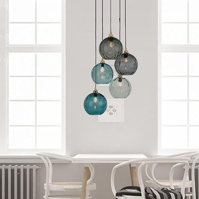 20cm/7.9’’ Industrial Vintage Spherical Glass Pendant Light, E26 Ceiling Hanging Lamp, Gold Finish & Ripple Glass Globe Shade, Dining Room Bedroom Chandelier (Azure Blue)