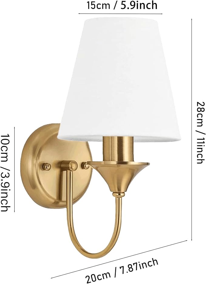 Brass Battery Wall Sconces Battery Operated Wall Lights Set of Two with Rechargeable Bulbs & Remote, Wireless Gold Battery Powered Wall Sconce, Cordless Fabric Wall Lamp for Bedroom Living Room Porch