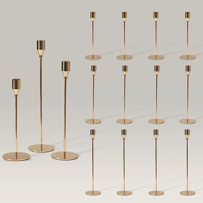Solid Taper Candle Holders Set of 15 Bulk, Champagne Gold Long Skinny Candlestick (Heights: 9/11/13 Inch), Heavy Iron Anti-Slip Base for Fireplace Mantle Table Centerpiece Christmas Decor