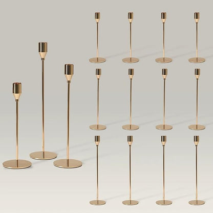 Solid Taper Candle Holders Set of 15 Bulk, Champagne Gold Long Skinny Candlestick (Heights: 9/11/13 Inch), Heavy Iron Anti-Slip Base for Fireplace Mantle Table Centerpiece Christmas Decor