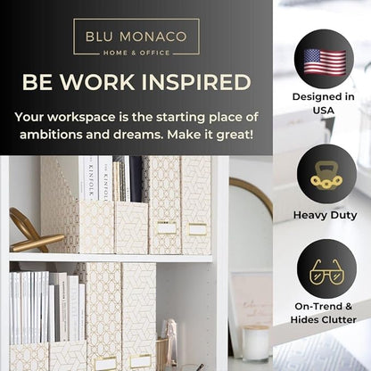 BLU MONACO Decorative Foldable Magazine Storage Boxes for Desk - Set of 4 Gold Magazine Holders with Cream Woven Design – Vintage Magazine File Organizer – Book Bins & Office Décor Storage Solution