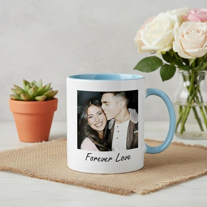 Custom Photo Coffee Mug, Personalized Forever Love Design Ceramic Cup for Anniversary Boyfriend Girlfriend Dishwasher Safe, 11oz (Sky Blue)
