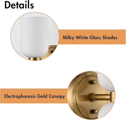 CLAXY Modern Gold Bathroom Vanity Wall Sconce 2-Light Wall Light with Milky Glass Shades Over Mirror Bedroom Stairway