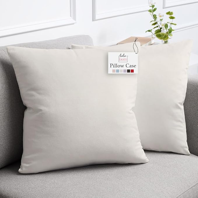 lalaLOOM Velvet Throw Pillow Covers, Set of 2, 20x20 Decorative Square Pillows Home Decor, Soft Accent Cases, Silky Machine Washable Pillowcases for Sofa, Couch, Bedroom, Living Room, Cream