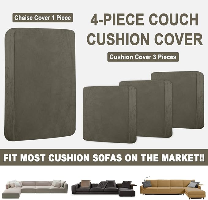 Sectional Couch Covers for 4-Piece Seat Cushion Velvet Separate L Shape Couch Cover Stretch Sofa Slipcover with 2 Pieces Pillowcases Furniture Protector (Sofa 3 Seater + 1 Chaise, Olive Green)