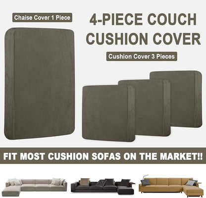 Sectional Couch Covers for 4-Piece Seat Cushion Velvet Separate L Shape Couch Cover Stretch Sofa Slipcover with 2 Pieces Pillowcases Furniture Protector (Sofa 3 Seater + 1 Chaise, Olive Green)
