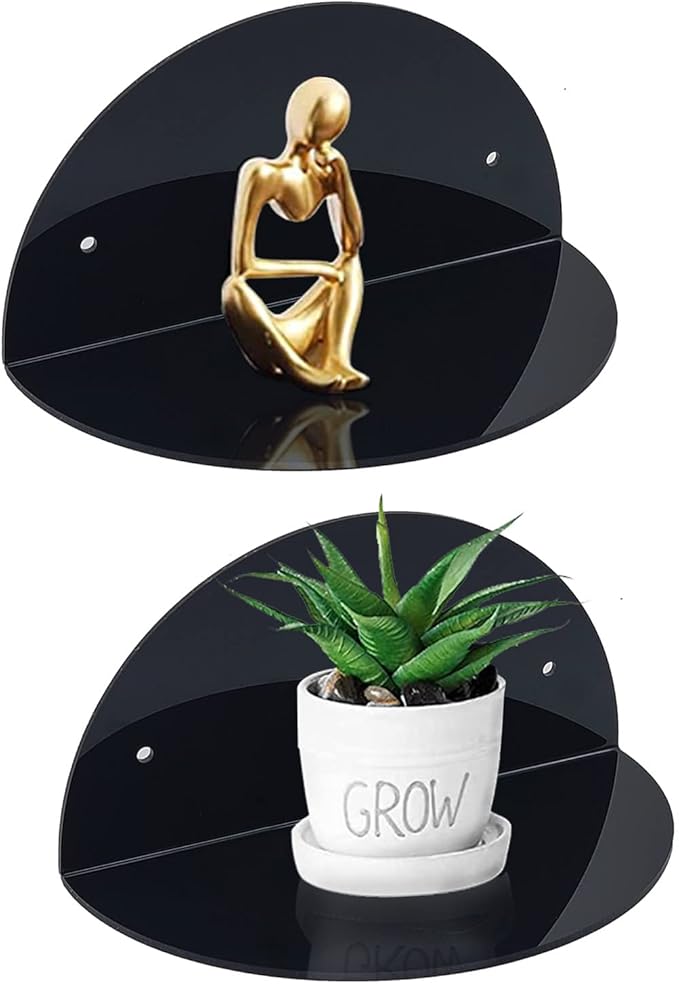 ROYALITA Small Acrylic Shelves Room Decor Floating Shelves (2-Pack, 8-inch Diameter) - Wall Mounted Display Stand for Plants, Toys, Makeup, and More - Ideal for Home and Office, Black