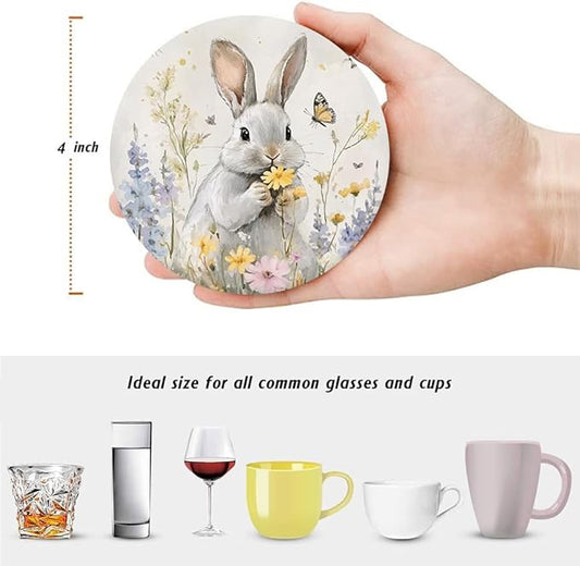 6Pcs Drink Coasters with Holder, Easter Lovely Rabbits Flowers Absorbent Ceramic Drink Coaster with Cork Base, Home Bar Table & Office Decor House Warming Gift