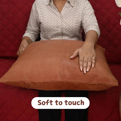 Lambskin Leather Pillow Cover - Sofa Cushion Case - Decorative Throw Covers for Living Room & Bedroom, 16x16 Inches - Orange Crunch Plain Pack of 1