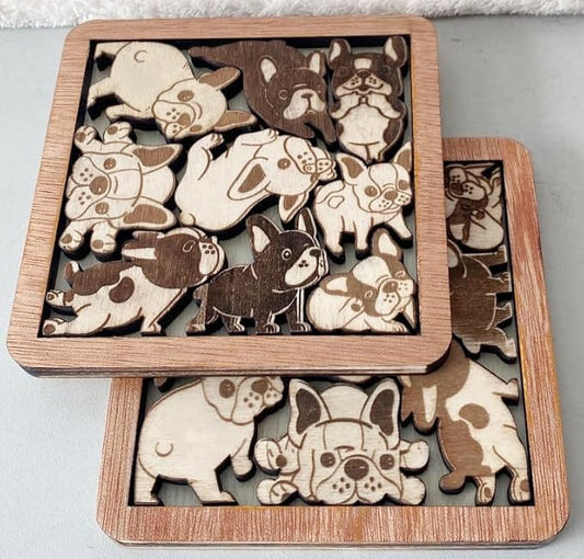02 French Bulldog Dog Puzzle Wooden Coaster Set - Interlocking Jigsaw Drink Mats with Laser-Cut Design for Pet Lovers (02 French Bulldog Coasters)