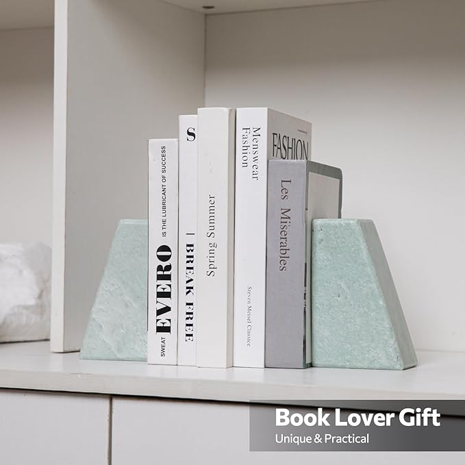 Luxury Marble Bookends for Shelves, 11LB Heavy Duty Marble Book Ends for Heavy Books, Stone Bookends Decorative, Polished, Light Green Triangular, Set of 2