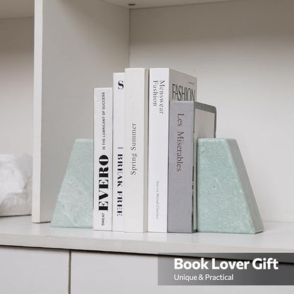 Luxury Marble Bookends for Shelves, 11LB Heavy Duty Marble Book Ends for Heavy Books, Stone Bookends Decorative, Polished, Light Green Triangular, Set of 2