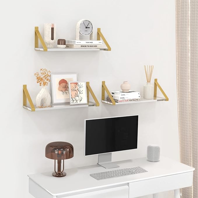 Clear Shelves, Gold Floating Shelves Wall Mounted Set of 2, 8mm Transparent Acrylic, Invisible Wall Shelves for Bedroom, Living Room, Bathroom, Kitchen, Office Display Decor (15in)