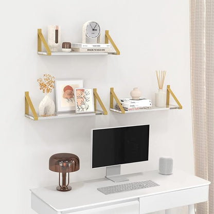 Clear Shelves, Gold Floating Shelves Wall Mounted Set of 3, 8mm Transparent Acrylic, Invisible Wall Shelves for Bedroom, Living Room, Bathroom, Kitchen, Office Display Decor (15in)