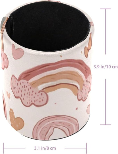 Pen Holder for Desk, Cute Hearts and Rainbows in Pastel Pink and Beige Tones Round Leather Stand Pencil Cup Office Desk Organizer for Women Men Teachers, 3.9 x 3.9 x 3.1 inches