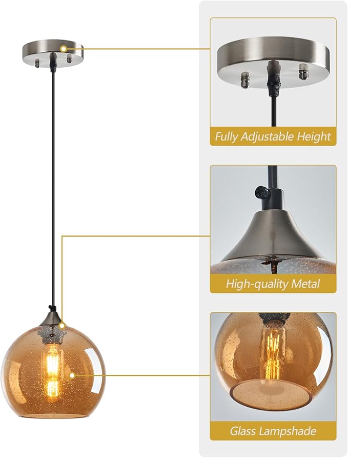 Amber Glass Pendant Lights Kitchen Island Lighting Globe Pendant Light Fixtures Modern Pendant Lighting for Bedroom Living Dining Room Light Fixture (7.87 in, 3 Pack)