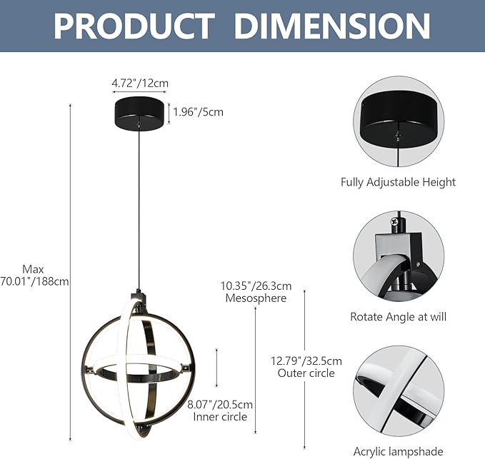Modern LED Pendant Light Black Pendant Lights 4000K Dimmable External Glow Height Adjustable Pendant Lighting for Kitchen Island Dining Room Bedroom Living Room Foyer（3-Ring）