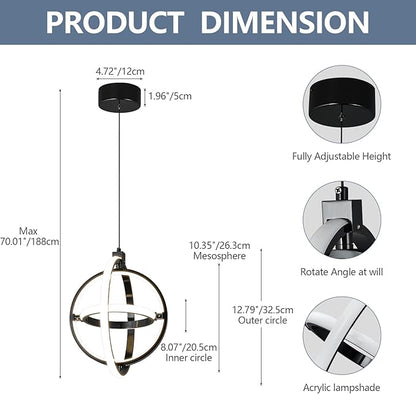 Modern LED Pendant Light Black Pendant Lights 4000K Dimmable External Glow Height Adjustable Pendant Lighting for Kitchen Island Dining Room Bedroom Living Room Foyer（3-Ring）