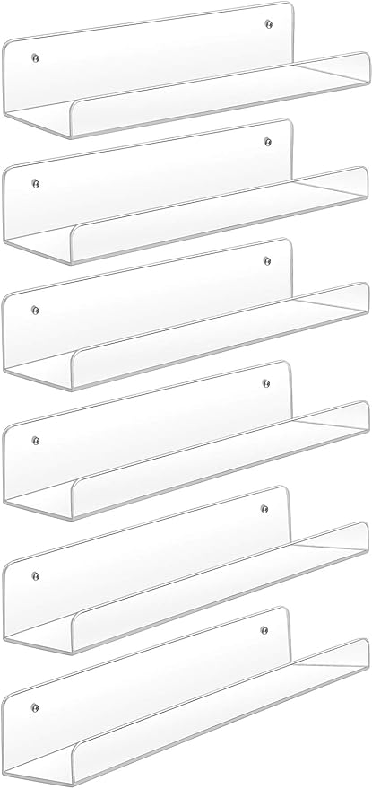 Sooyee Acrylic Shelves,6 Pack 15 Inch Floating Wall Shelves, Funko Pop Display Shelf,Invisible Kids Book Shelf,Picture Ledge Shelf Decor, Plastic,Clear