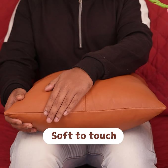Lambskin Leather Pillow Cover, Hand Panel Stitched Leather Decorative Throw Pillow Covers for Couch Sofa Bed Living Room Garden (14x14 Inches, Tan Plain Pack of 1)