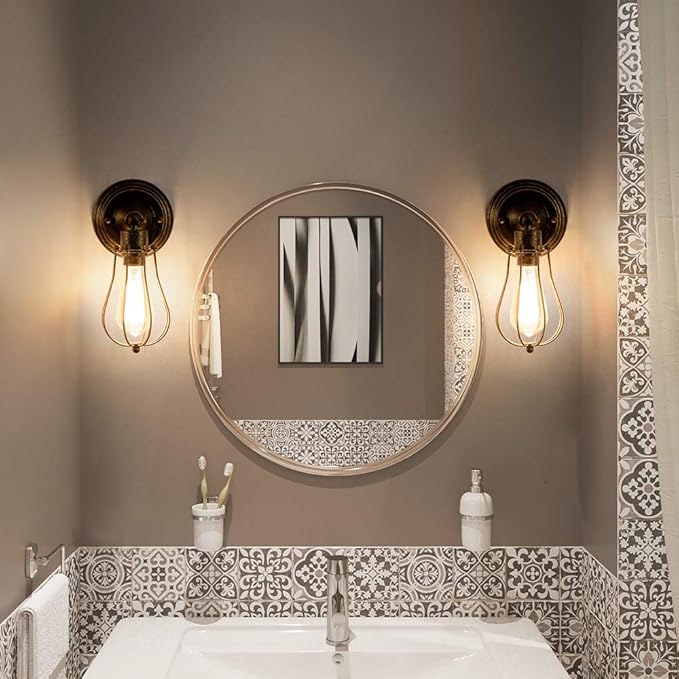 LULING Industrial Wall Sconce Vintage Lighting Adjustable Lamp Socket Wire Metal Cage Wall Light Shade Edison Style Antique Fixture Porch Mirror (No Bulb) (Bronze Color) (Bronze)