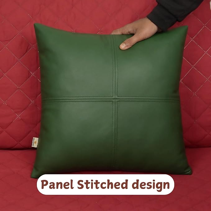 Lambskin Leather Pillow Cover, Hand Panel Stitched Leather Decorative Throw Pillow Covers for Couch Sofa Bed Living Room Garden (14x14 Inches, Dark Green Pack of 2)