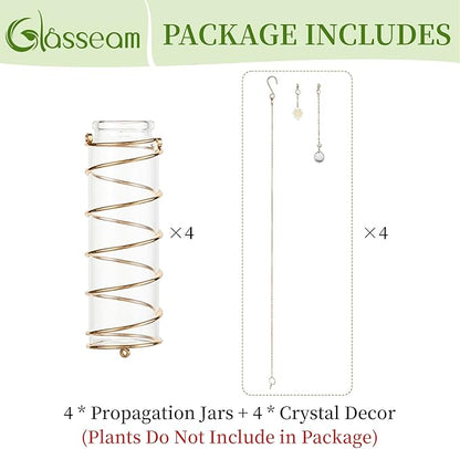 Glasseam Hanging Propagation Stations with Crystal Suncatchers Glass Wall Planters for Indoor Plants Hydroponics - 4Pcs Propagation Tubes Jars with Metal Chain for Home Decor - Unique Gift for Women
